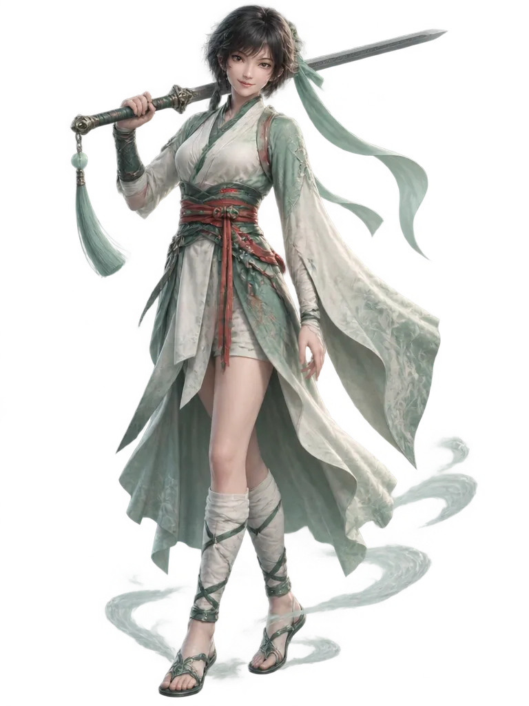 Lian Shu berdiri santai, jian di bahu, pita giok berkibar